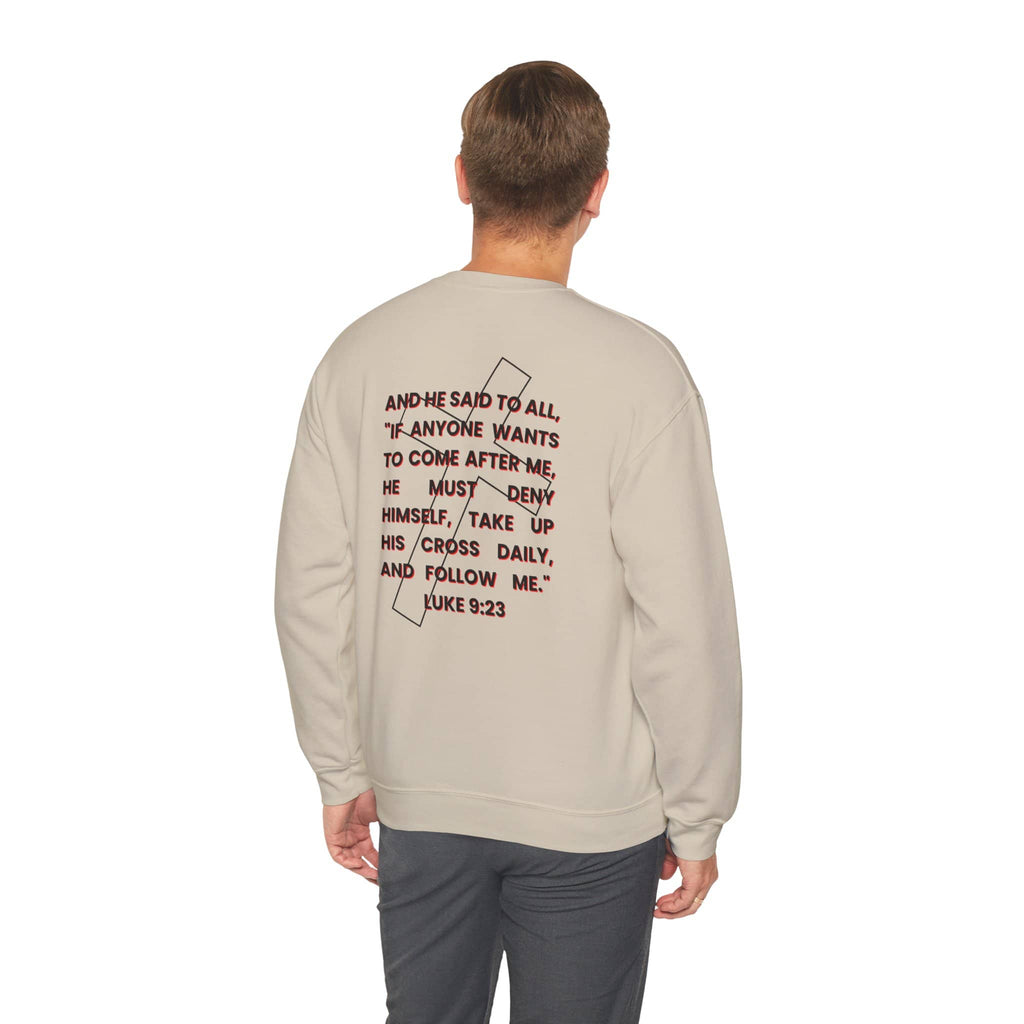 Back view of Follow Jesus Sweatshirt in beige with Luke 9:23 scripture printed