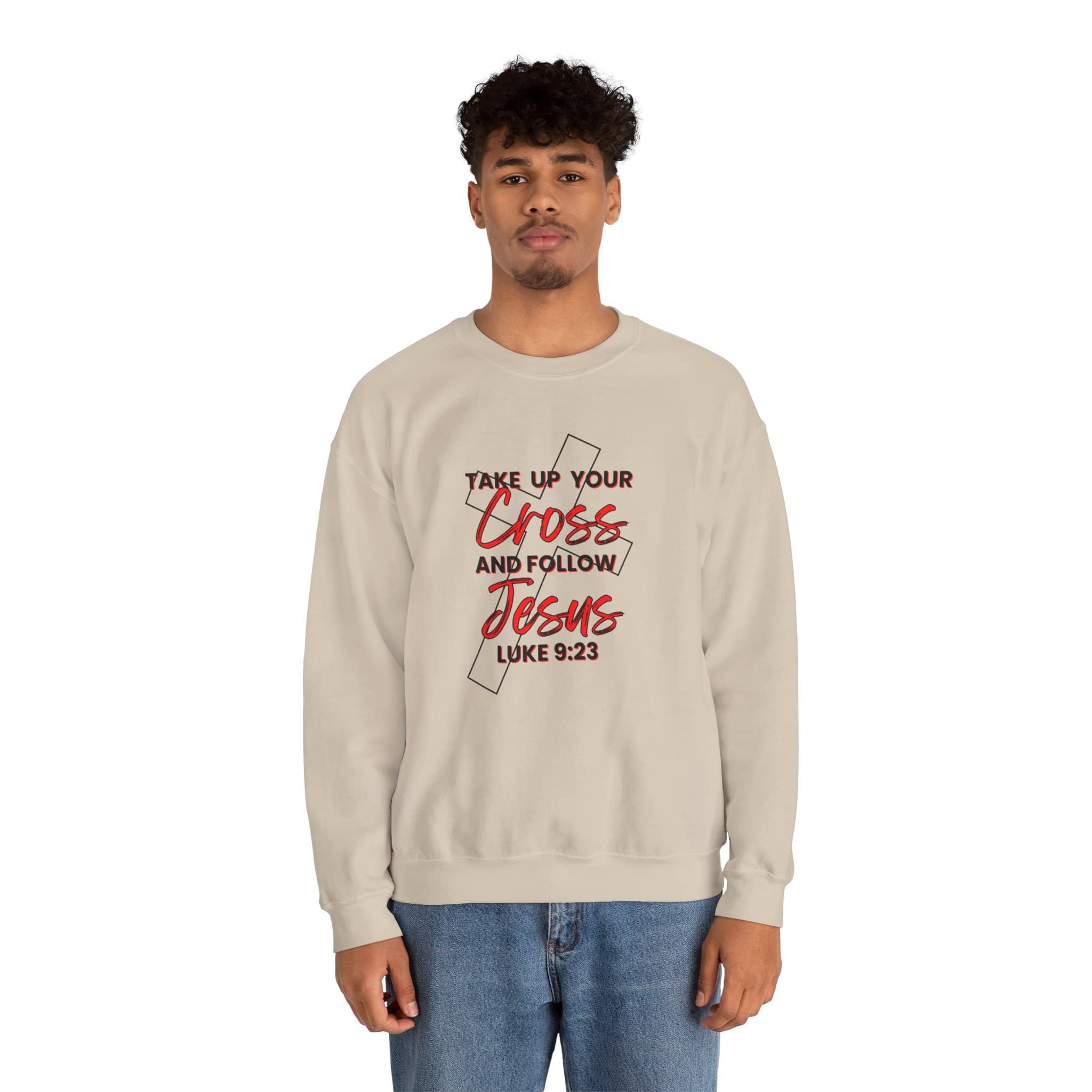 Sweatshirt with 'Take Up Your Cross and Follow Jesus' Luke 9:23 in Red on Beige Front View