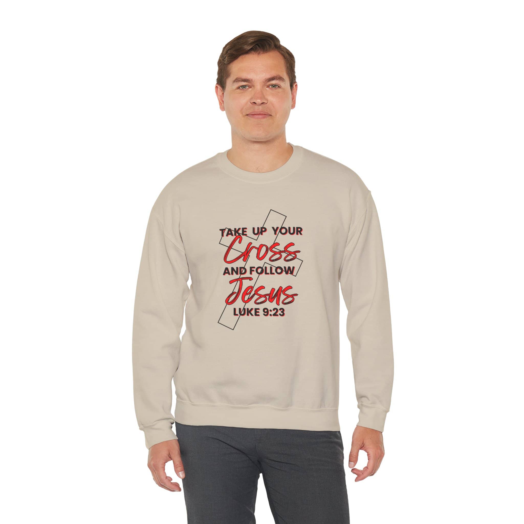 Follow Jesus Sweatshirt in beige with scripture design Luke 9:23 on the front