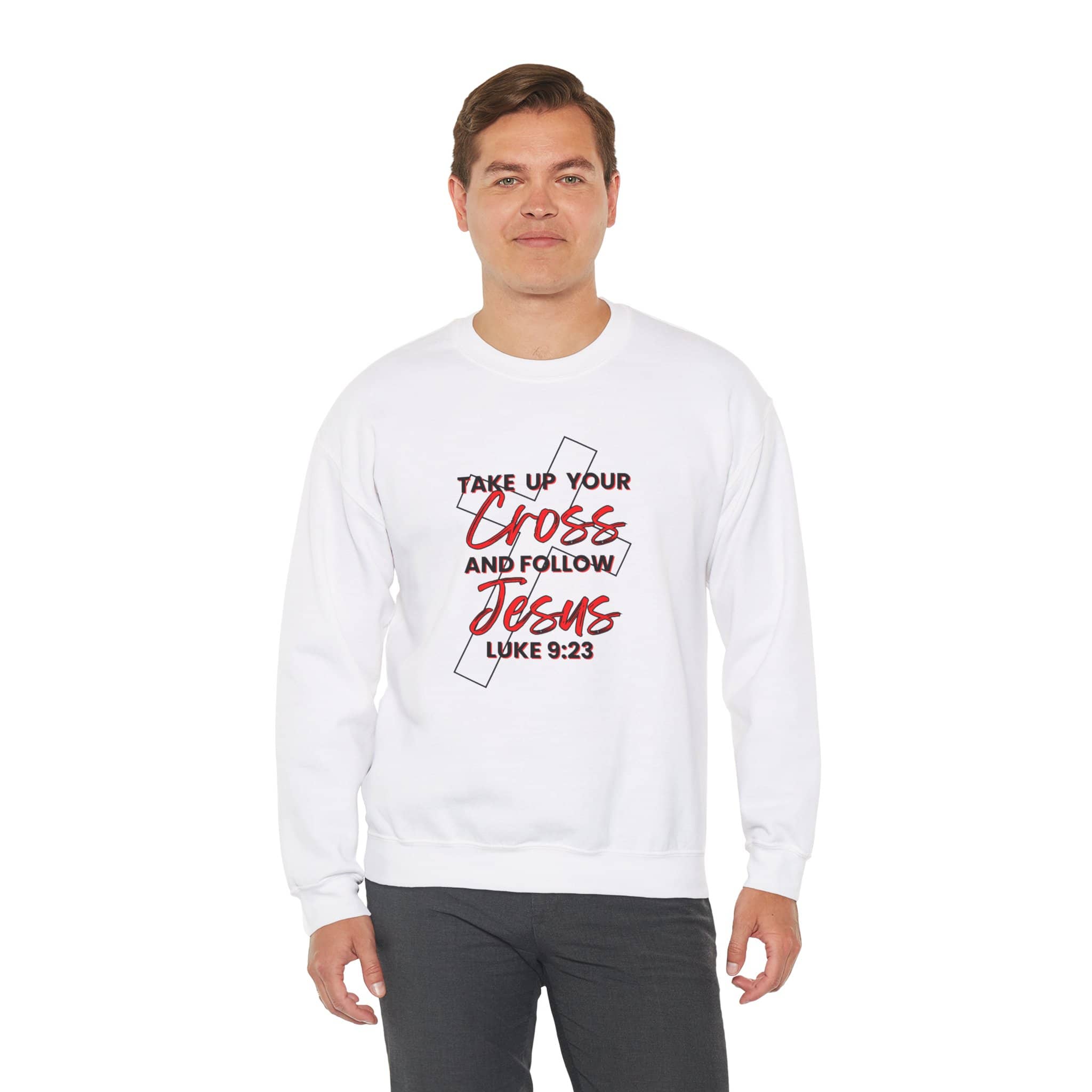 Sweatshirt with 'Take Up Your Cross and Follow Jesus' design in red on a white background, front view