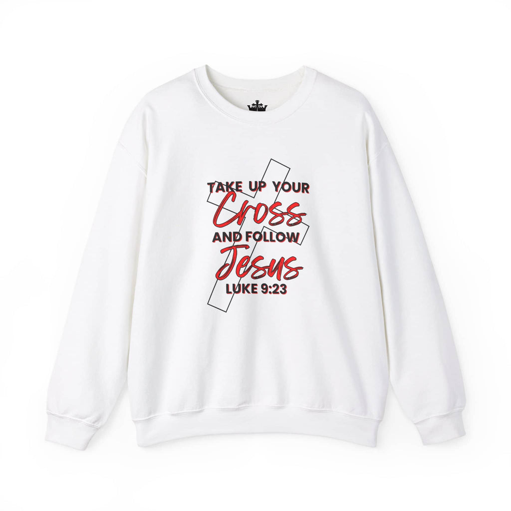 White Follow Jesus Sweatshirt with Luke 9:23 scripture on the front