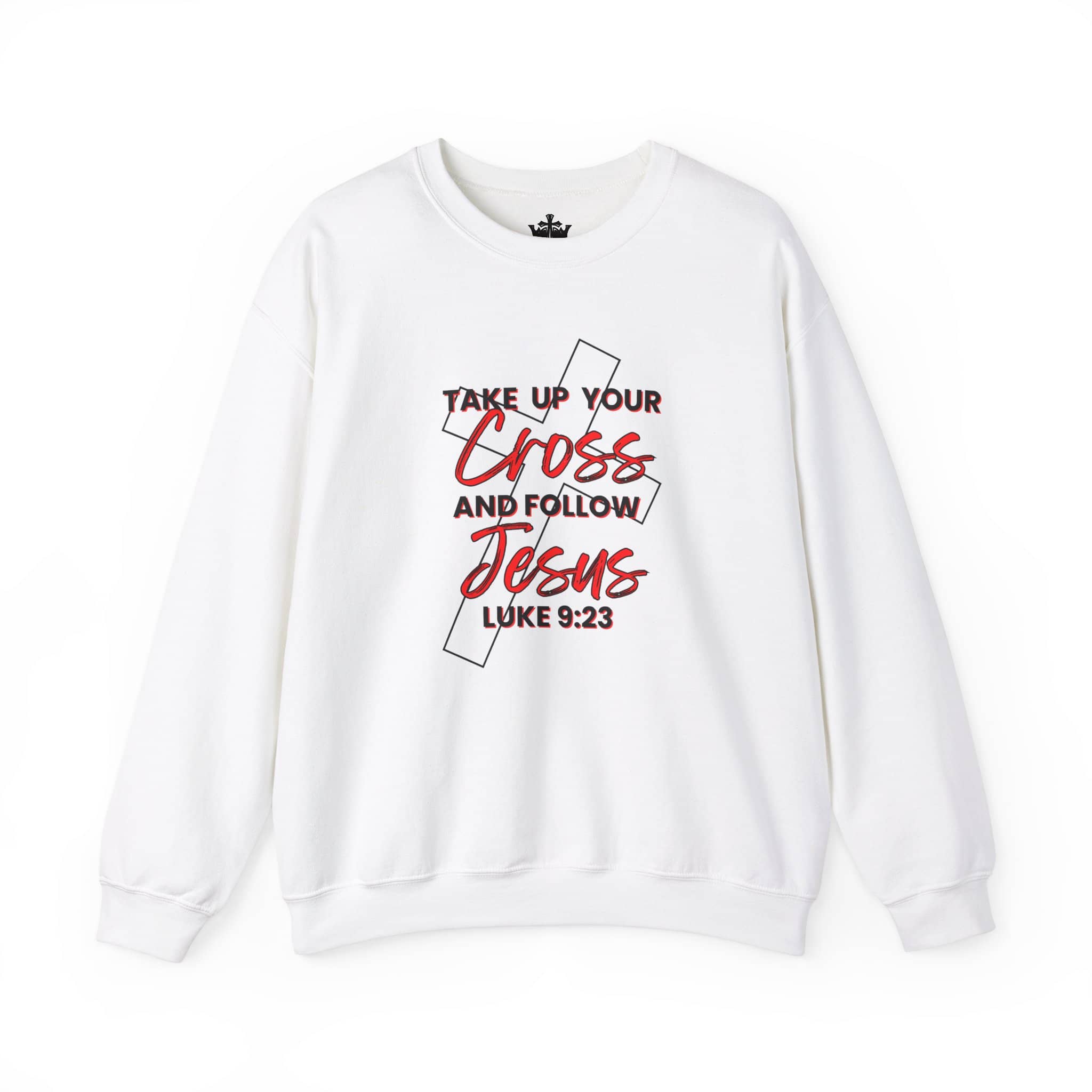White Follow Jesus Sweatshirt with Luke 9:23 scripture on the front