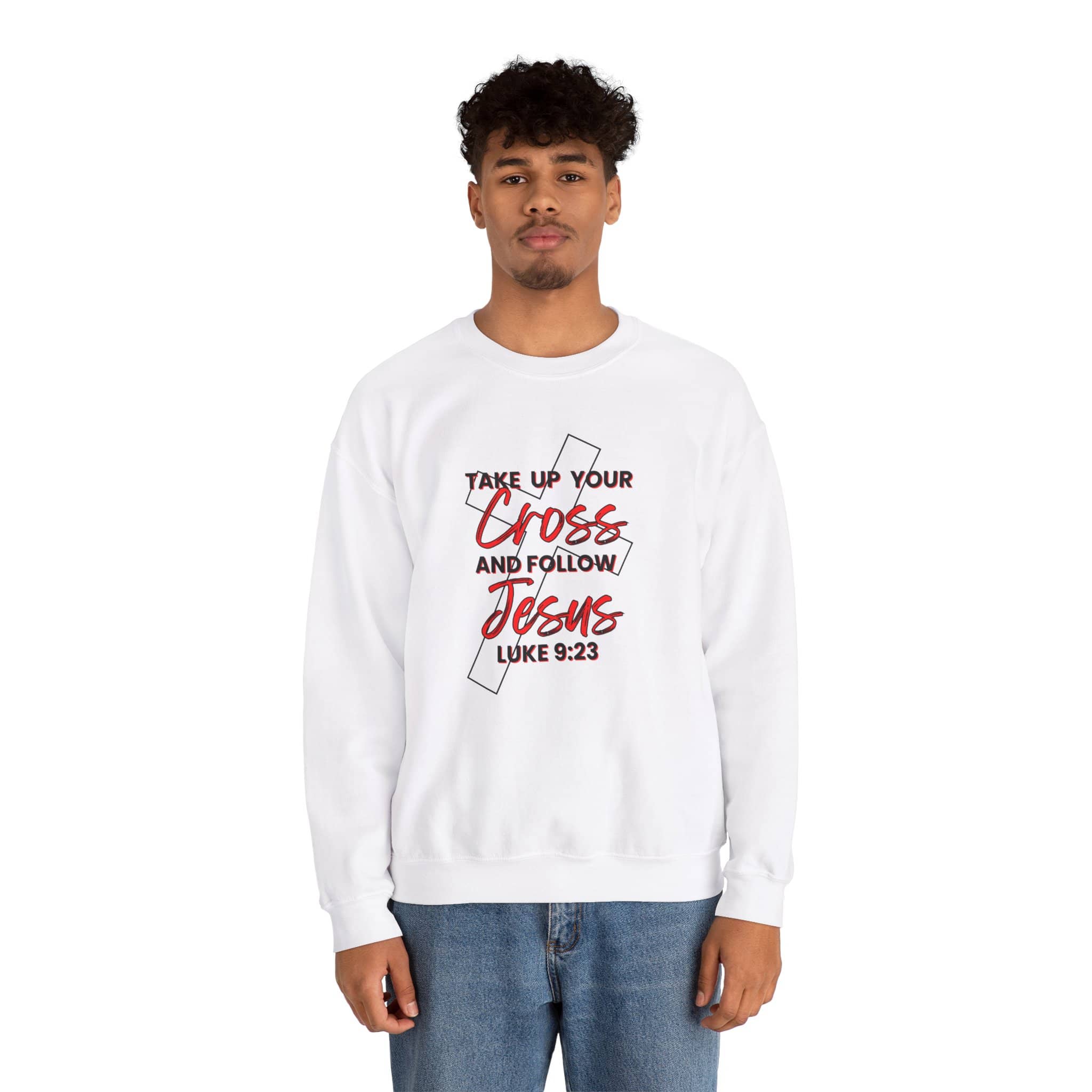 Follow Jesus Sweatshirt in white with Luke 9:23 scripture design on the front