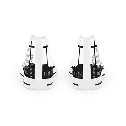 Follow Me Mark 8:34 Christian high top sneakers featuring inspirational design and stylish cross graphics