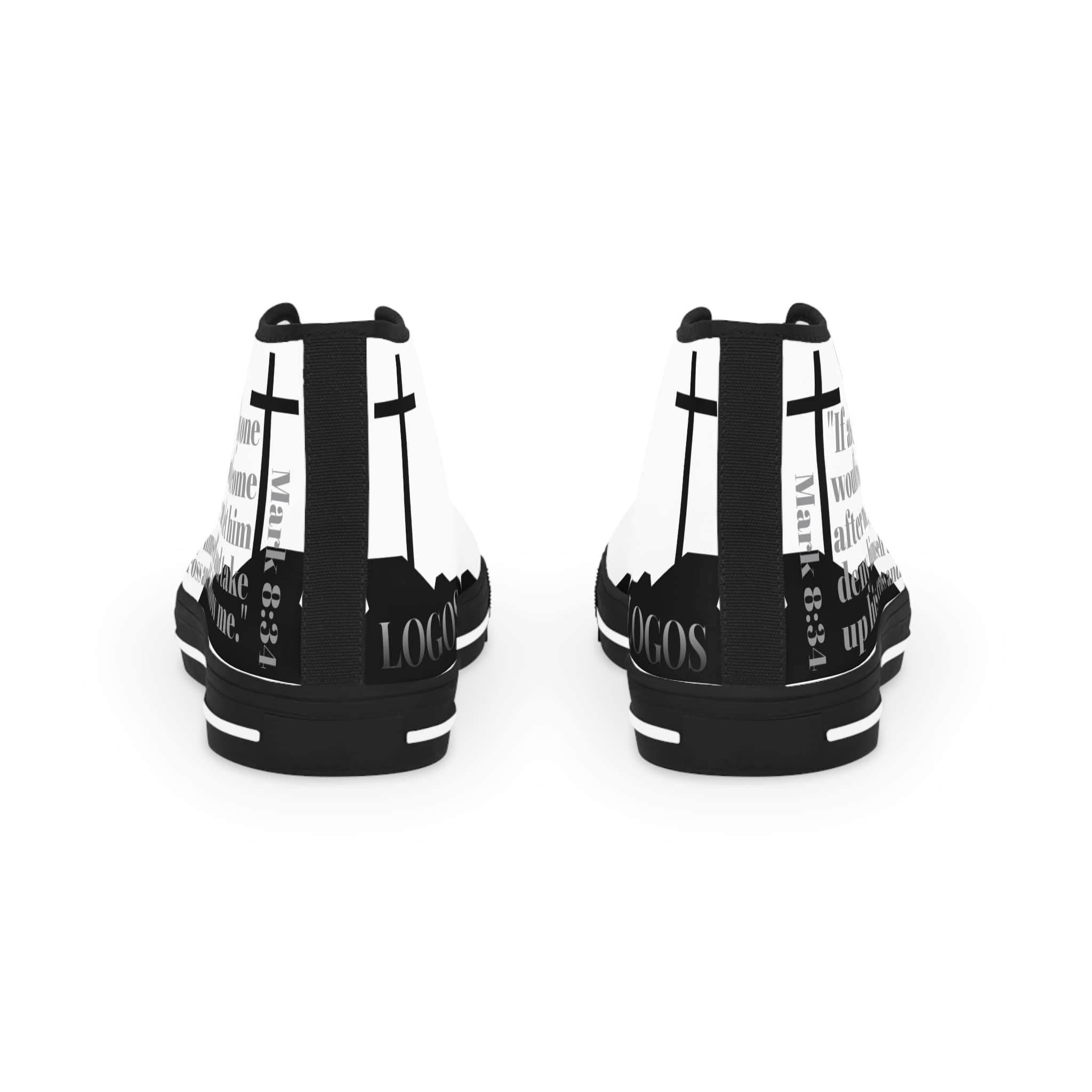 Follow Me Mark 8:34 Christian high top sneakers with inspirational cross design and black accents