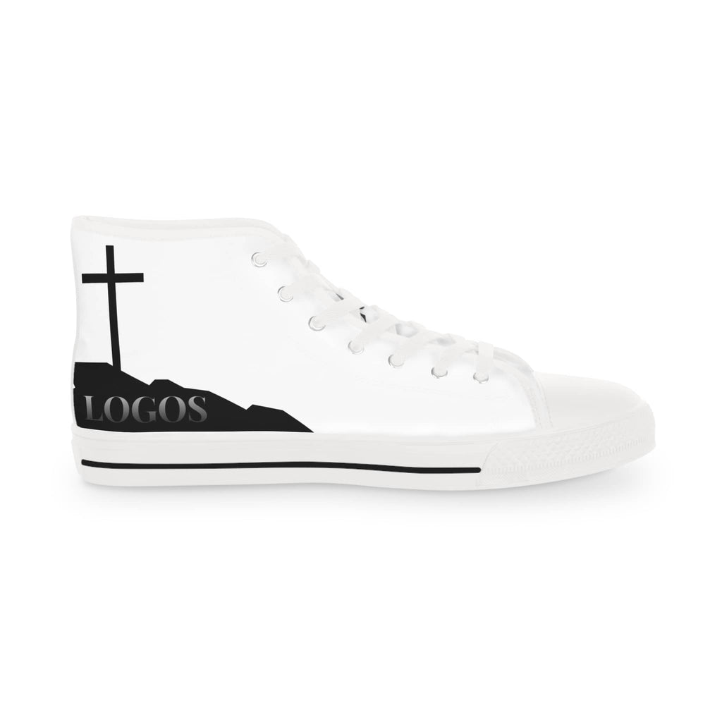 Follow Me Mark 8:34 Christian high top sneakers with black cross design on white canvas