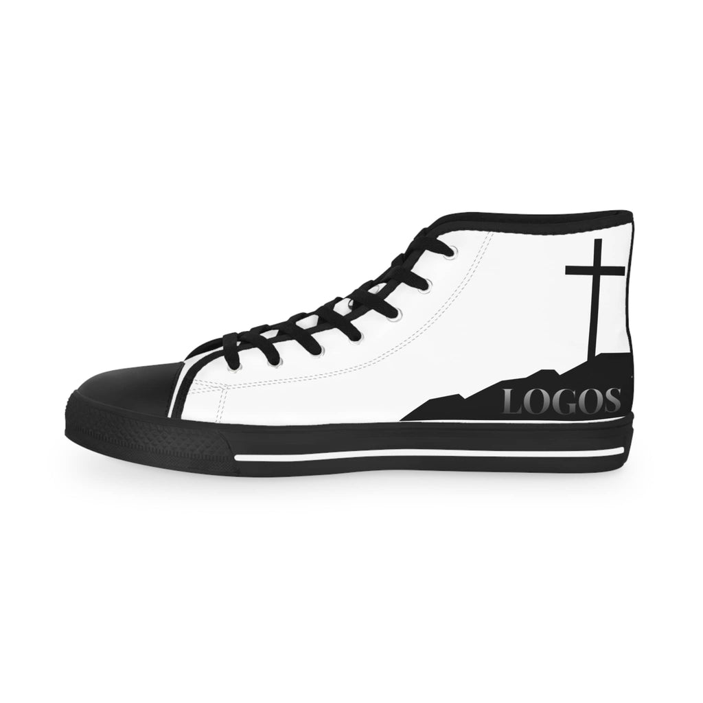 Follow Me Mark 8:34 Christian high top sneakers with a black and white design featuring a cross