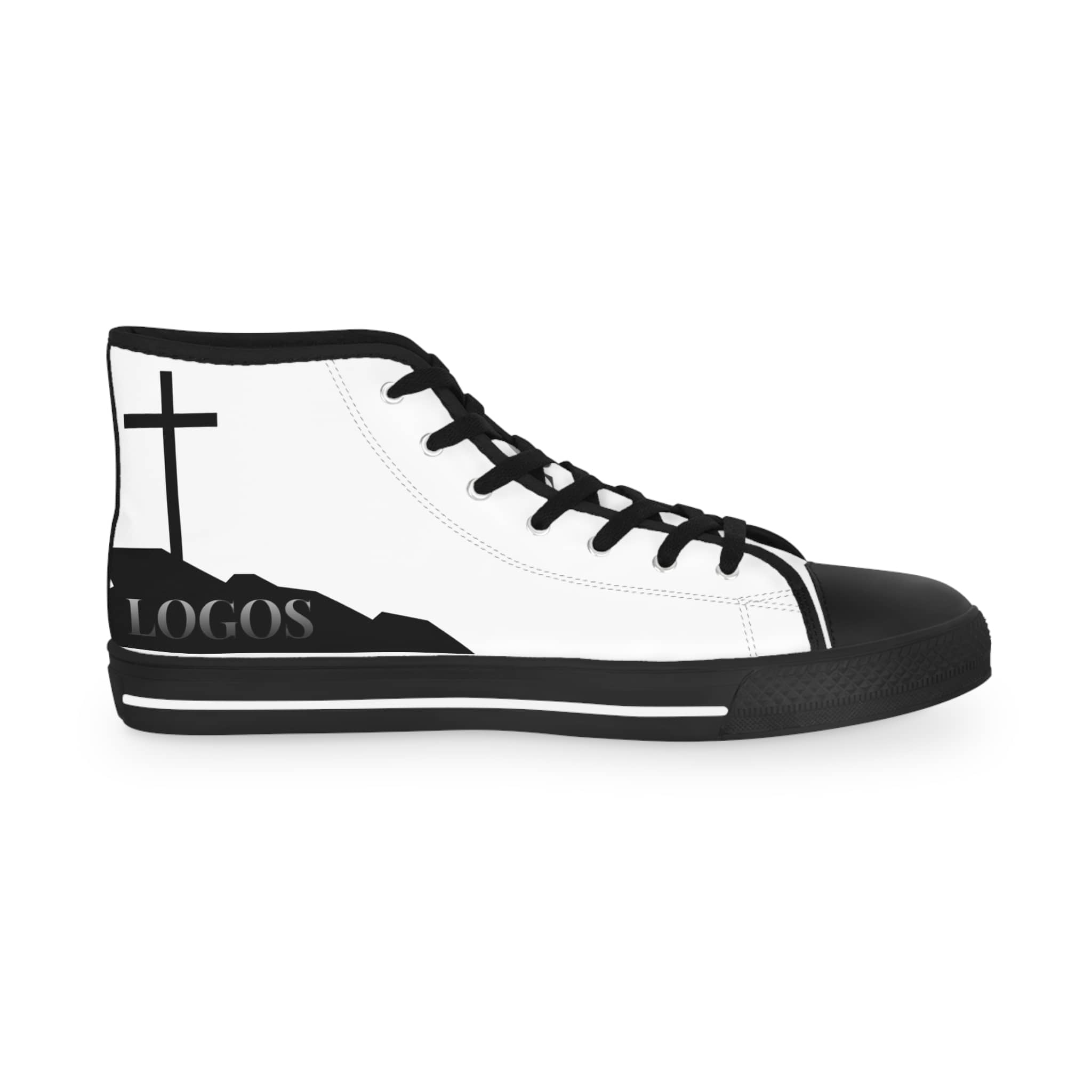 Follow Me Mark 8:34 Christian high top sneakers with black and white design featuring a cross