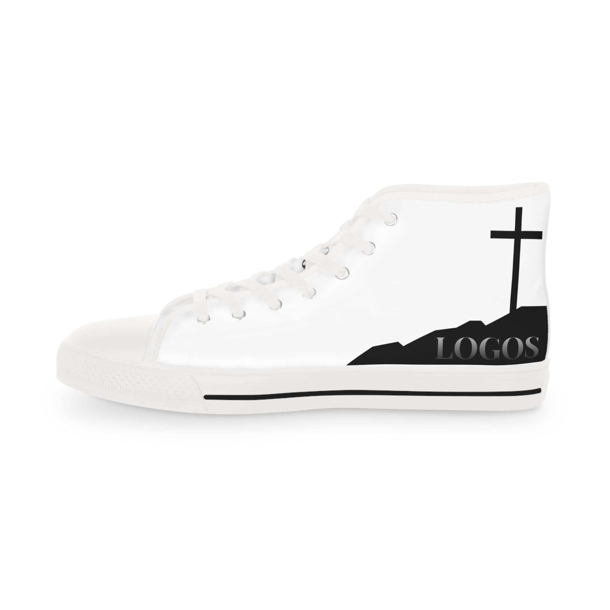 Follow Me Mark 8:34 Christian high top sneakers in white with a cross design on the side