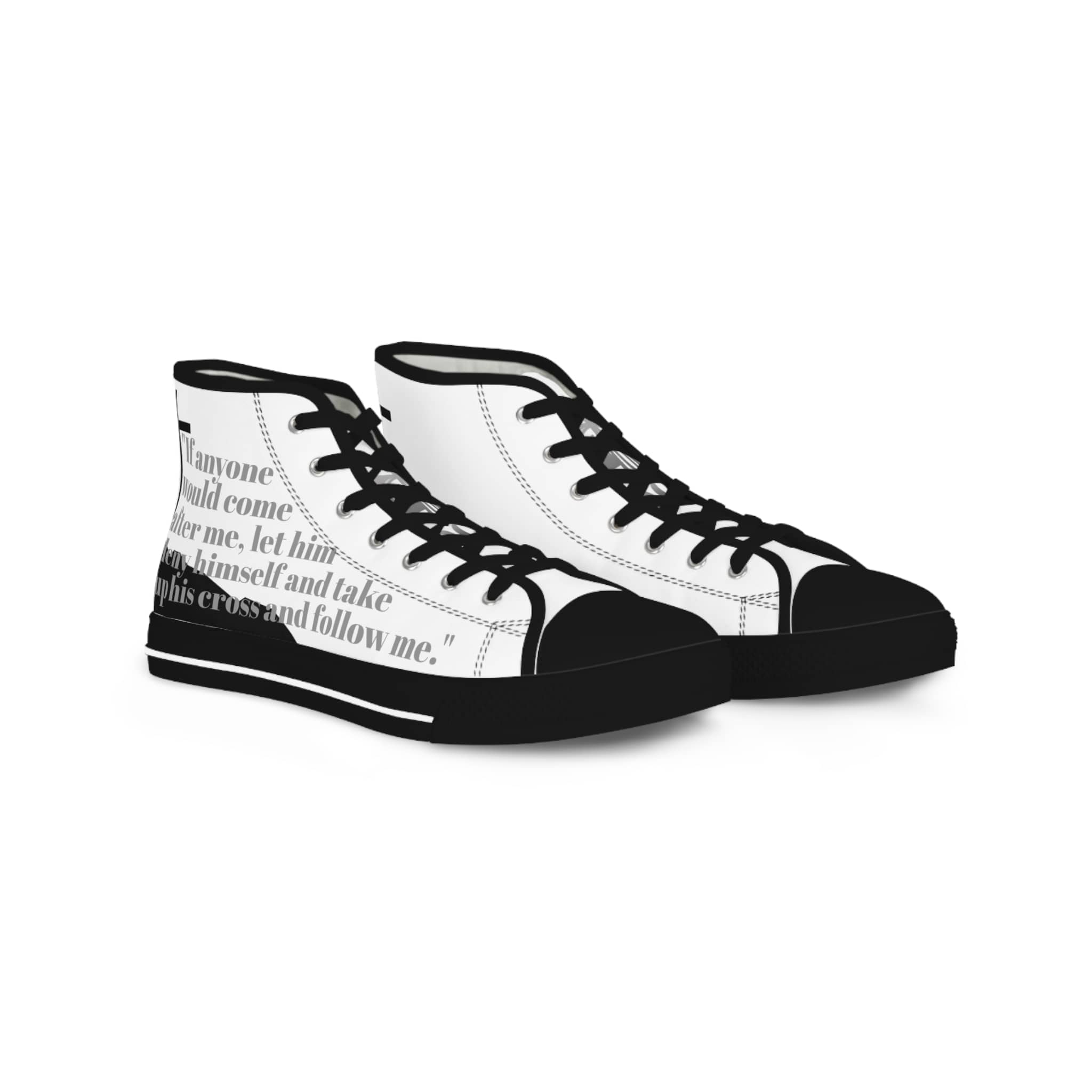 Follow Me Mark 8:34 Christian high top sneakers with inspirational message on a white background