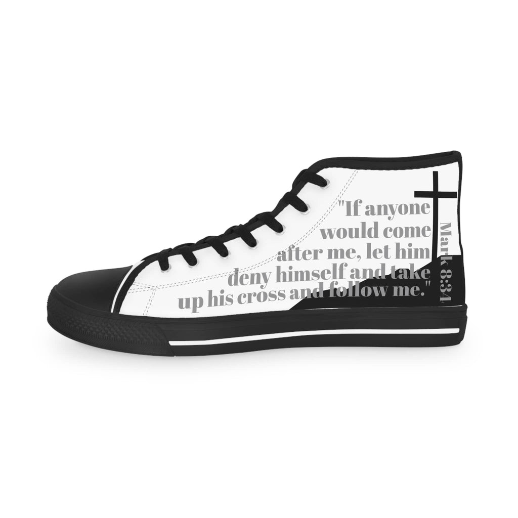Follow Me Mark 8:34 Christian high top sneakers with scripture and black accents for stylish faith wear