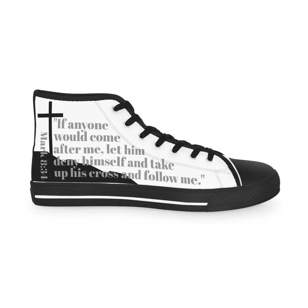 Follow Me Mark 8:34 Christian high top sneakers with inspirational quote on white canvas