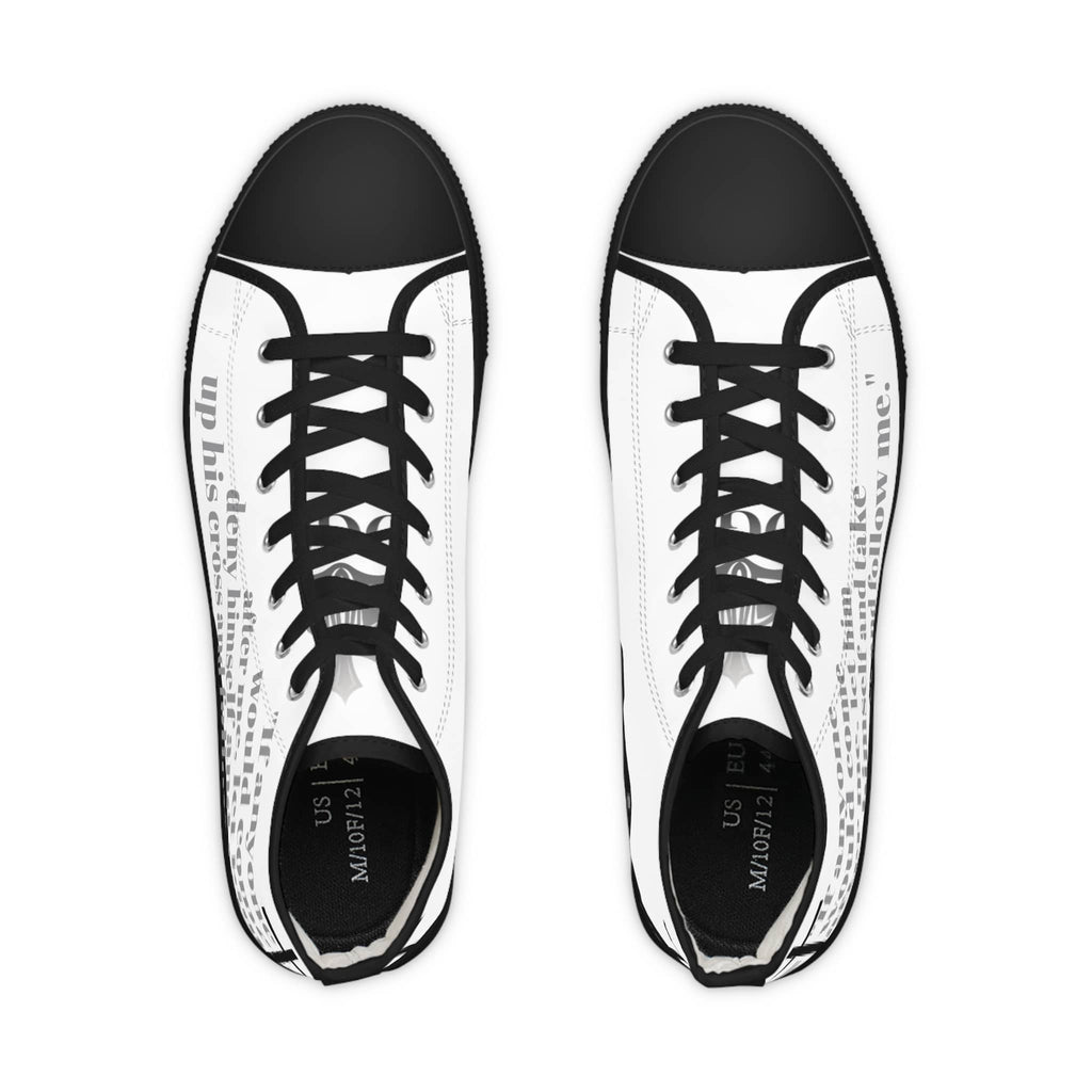 Follow Me Mark 8:34 Christian high top sneakers with a trendy black and white design
