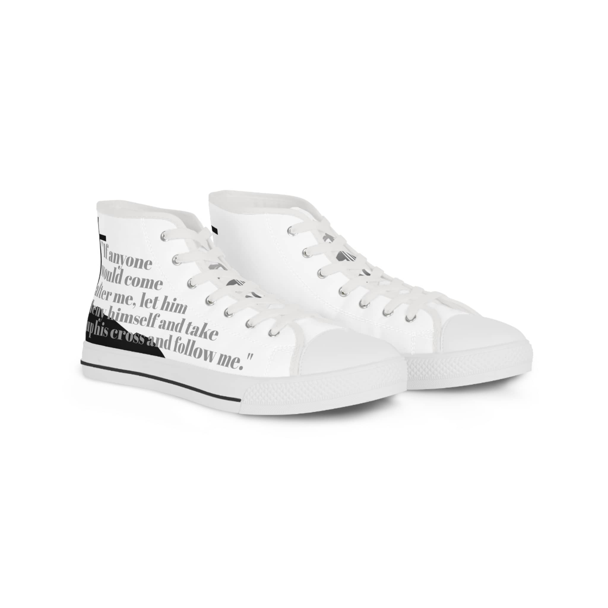 Follow Me Mark 8:34 high top sneakers in white with inspirational text design