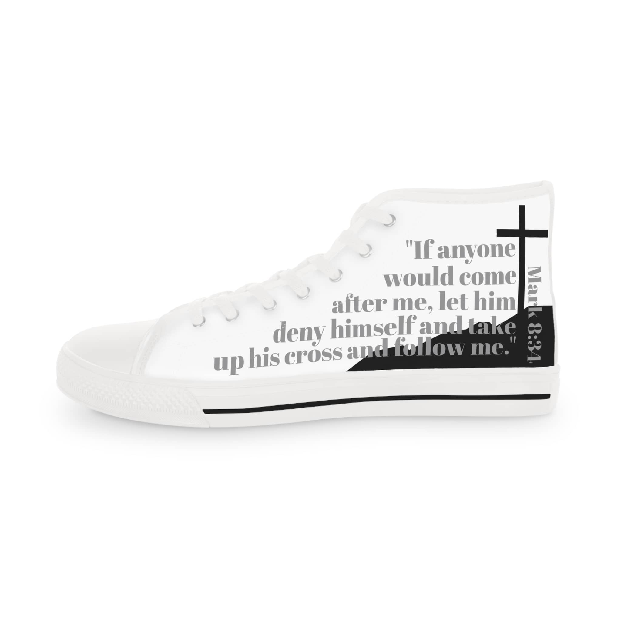 Follow Me Mark 8:34 Christian high top sneakers featuring a scripture design on a stylish white background