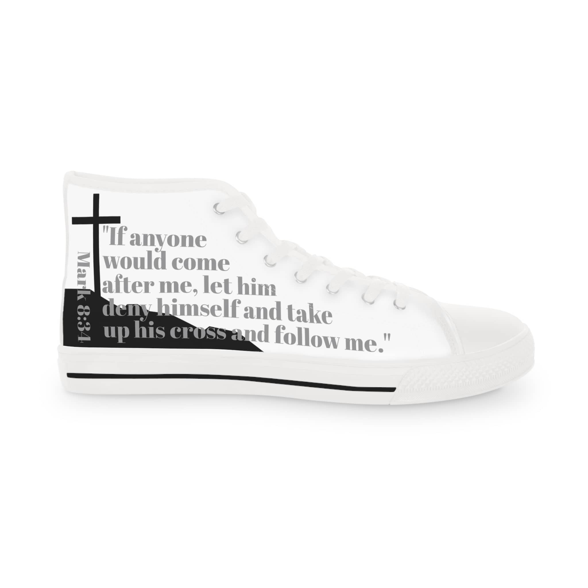 Follow Me Mark 8:34 Christian high top sneakers with inspirational quote and stylish design