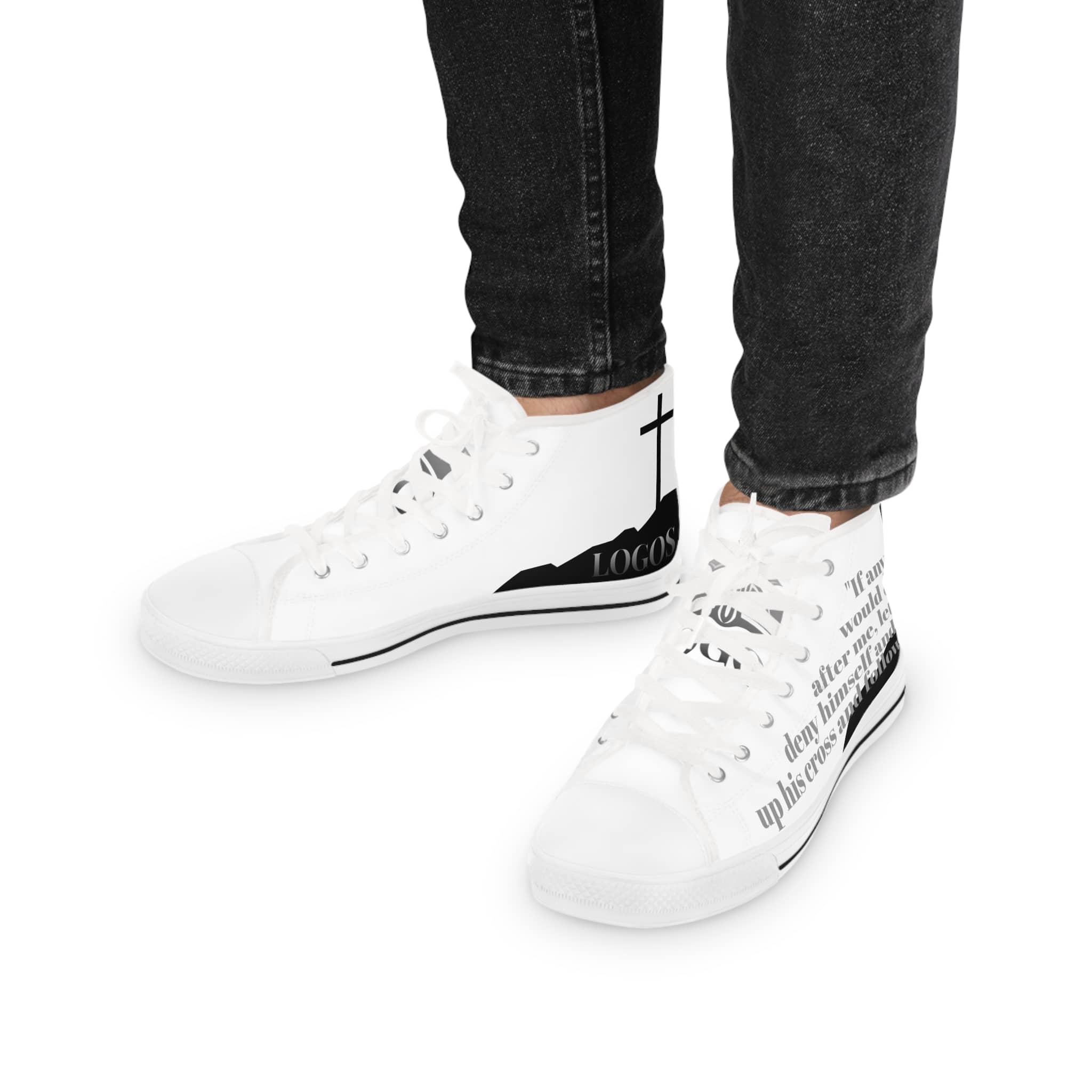 Follow Me Mark 8:34 Christian high top sneakers in white with inspirational graphics and stylish design