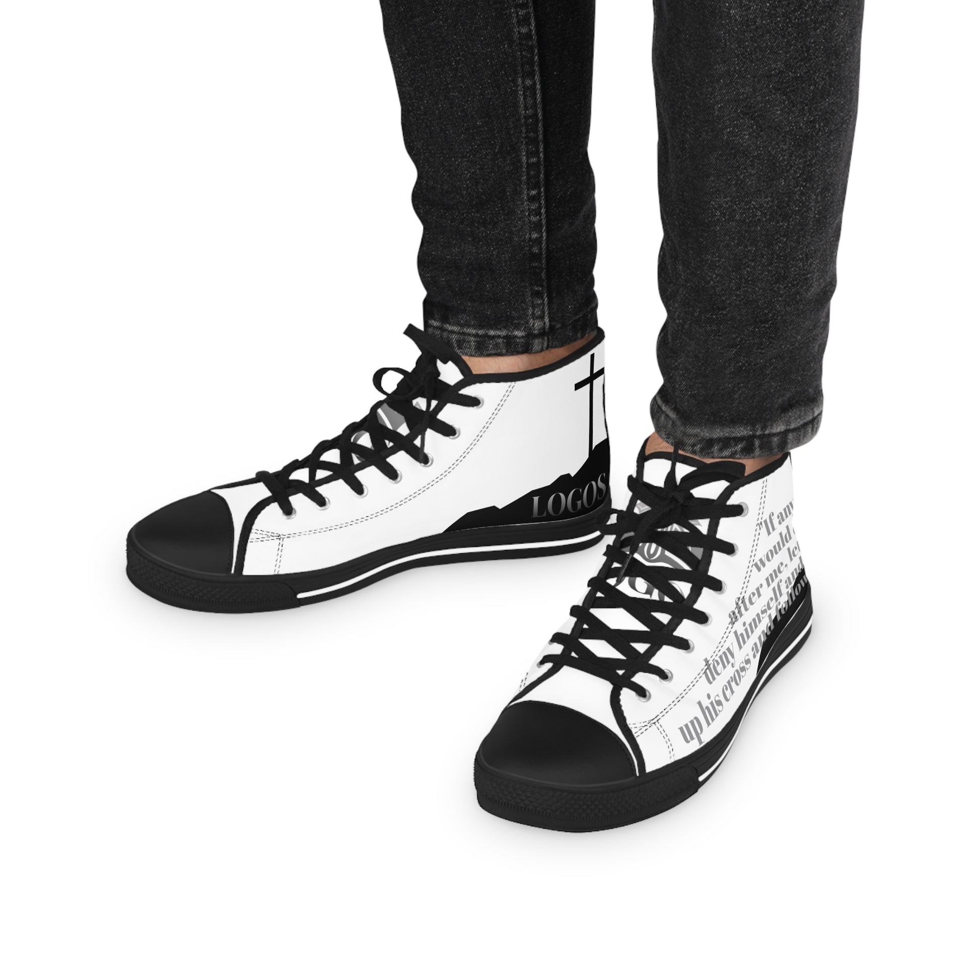 Follow Me Mark 8:34 Christian high top sneakers with scripture and cross design for stylish faith wear