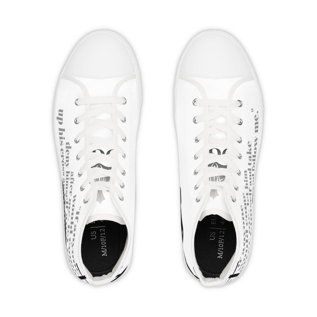 Follow Me Mark 8:34 Christian high top sneakers in white with inspirational text design
