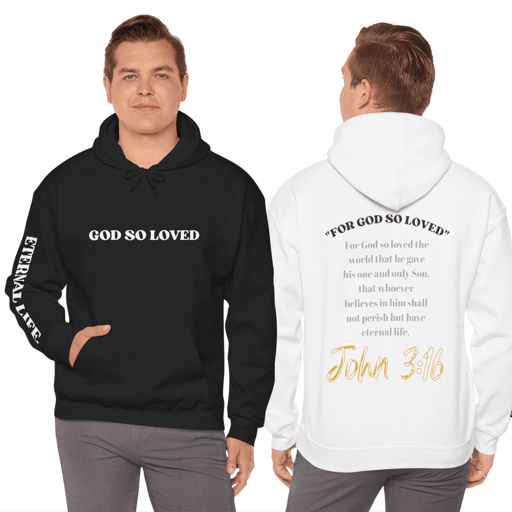 For God So Loved hoodie in black and white featuring biblical text and stylish designs