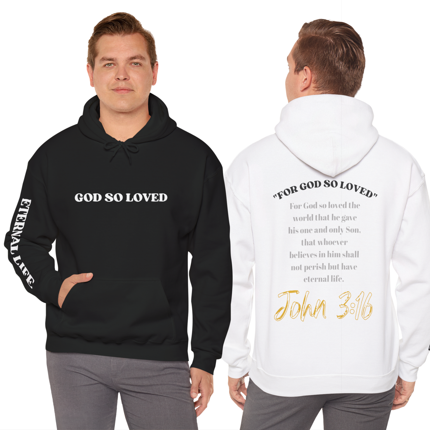 For God So Loved hoodie in black and white featuring biblical text and stylish designs