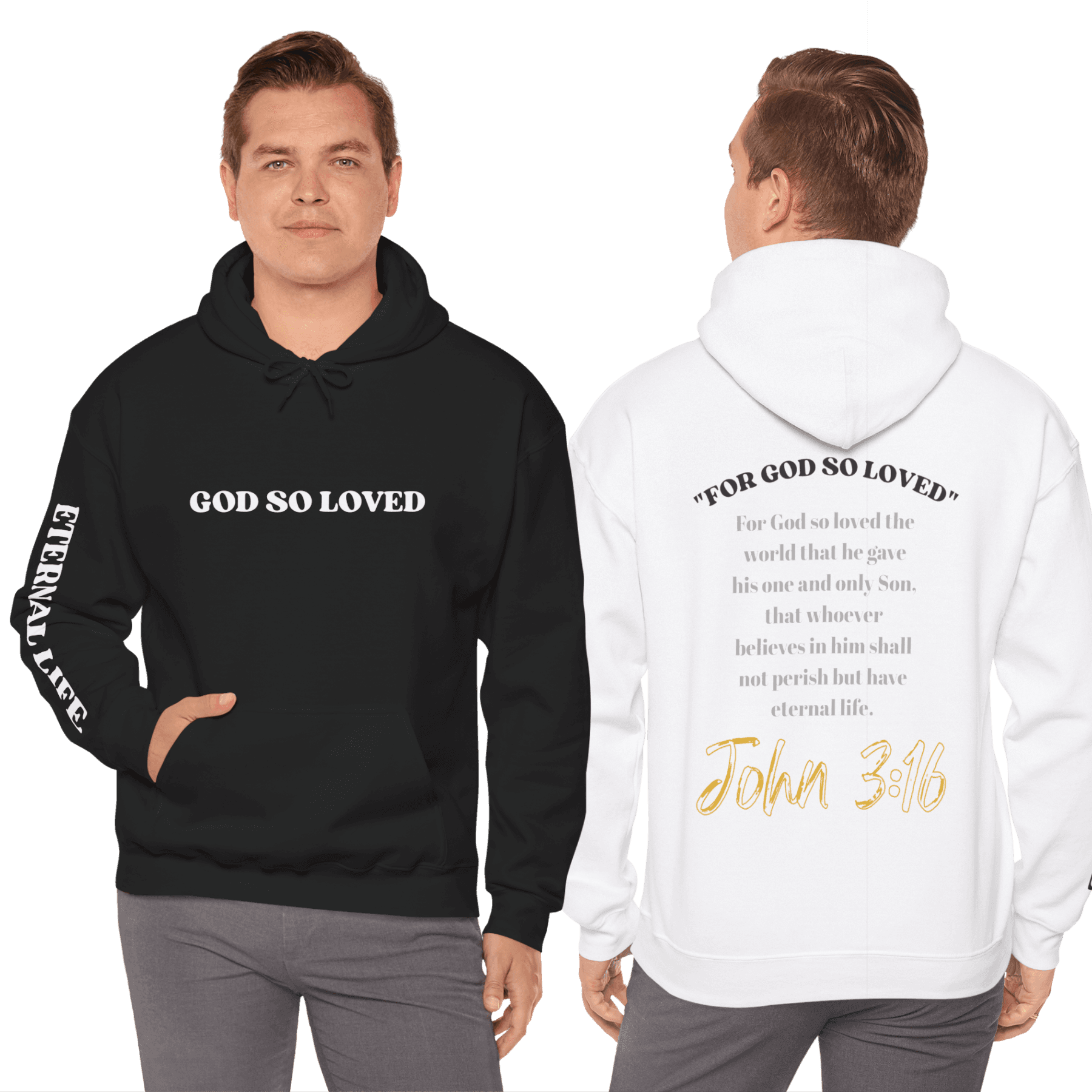 For God So Loved hoodie in black and white featuring biblical text and stylish designs