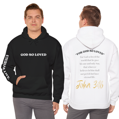 For God So Loved hoodie in black and white featuring biblical text and stylish designs