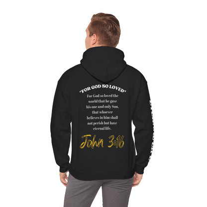 Black For God So Loved hoodie featuring motivational scripture design on back