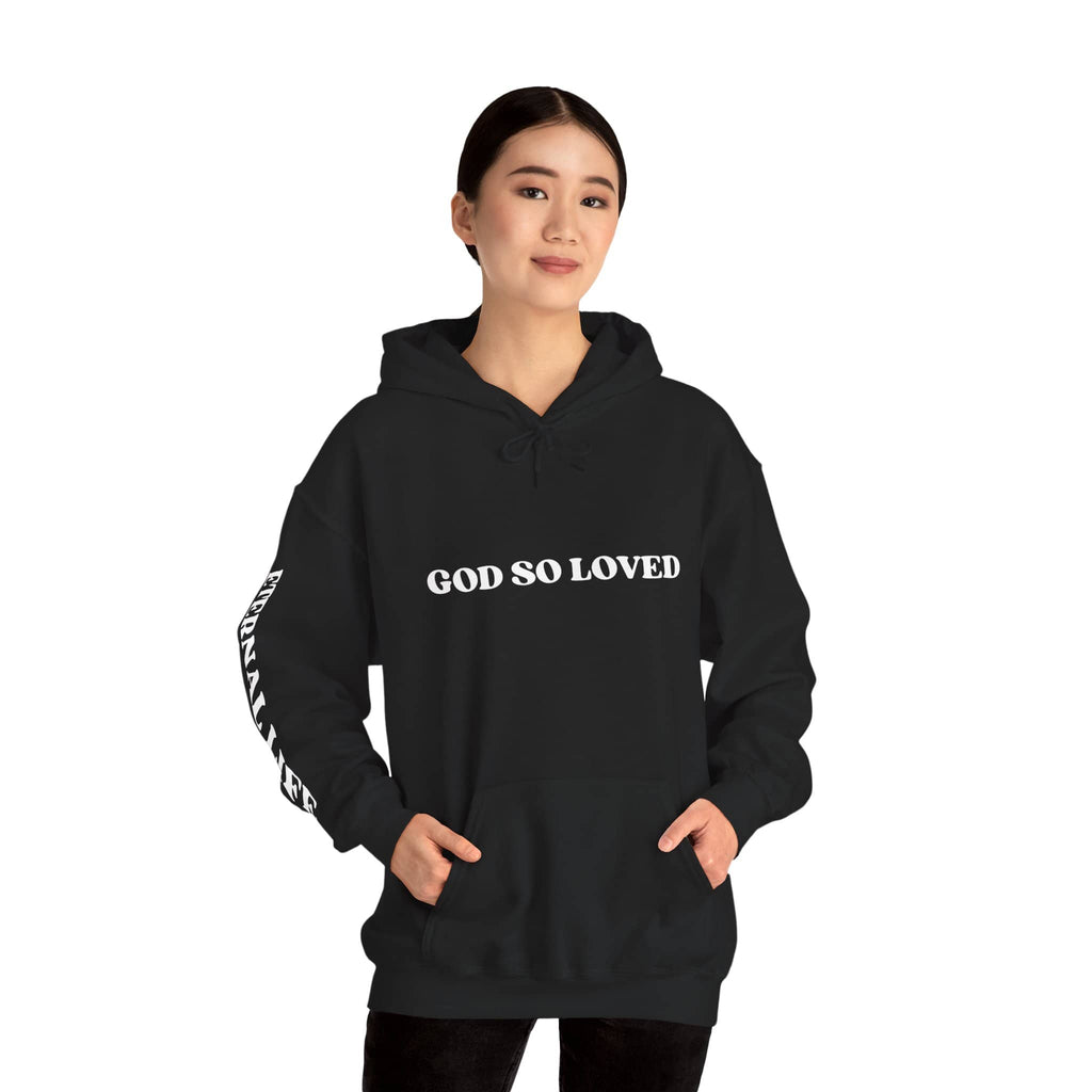 For God So Loved hoodie in black featuring bold text and a comfortable fit for everyday wear