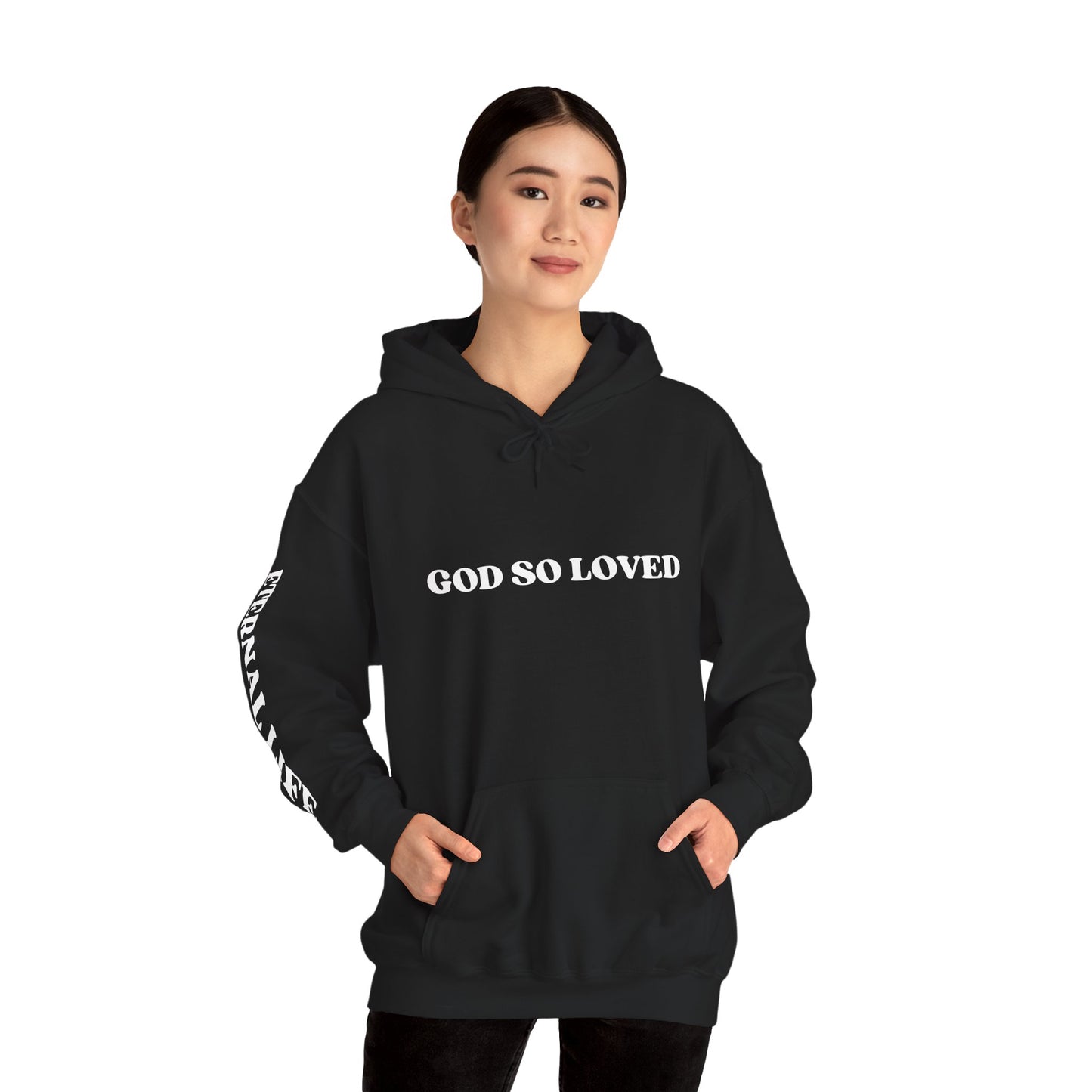 For God So Loved hoodie in black featuring bold text and a comfortable fit for everyday wear