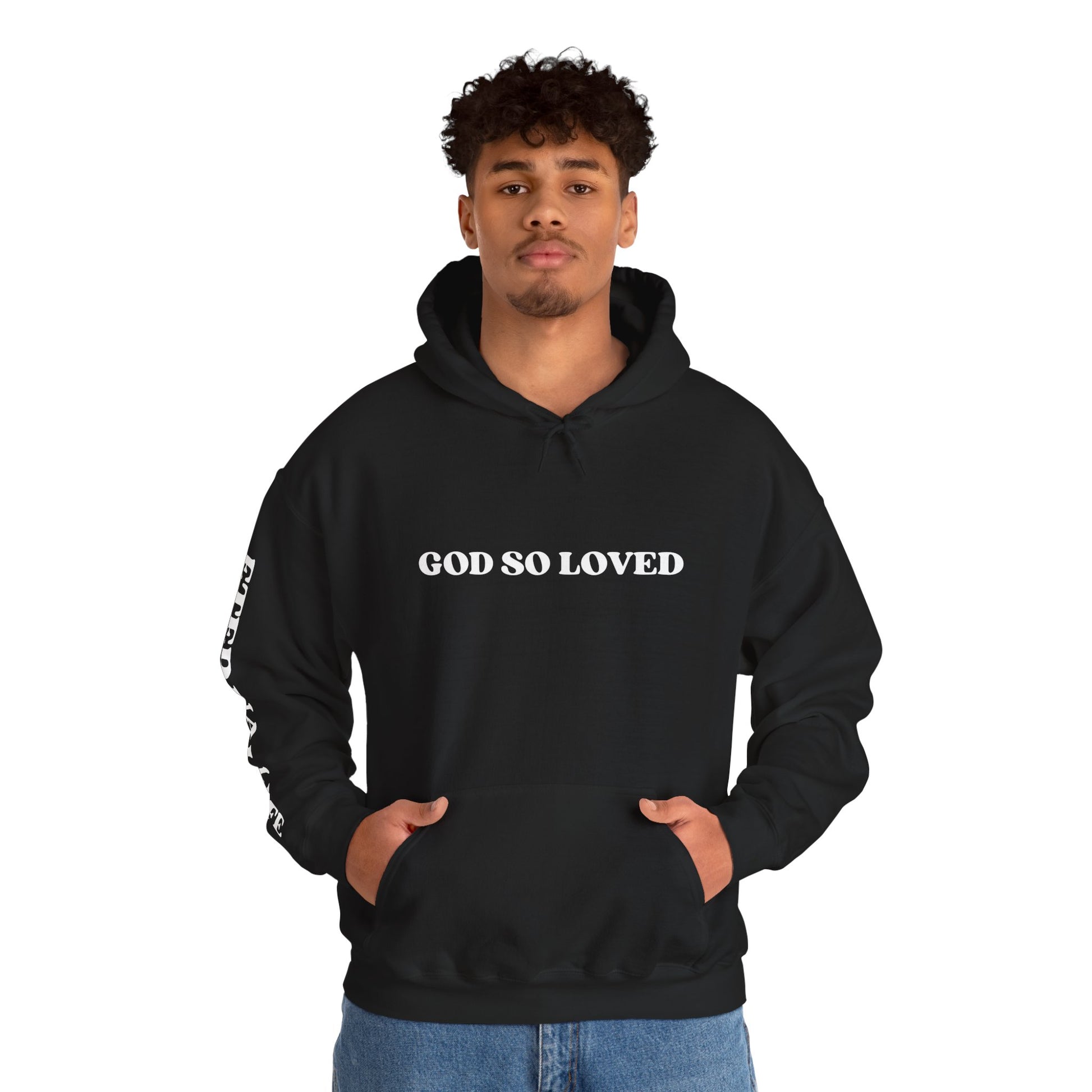 Men's black For God So Loved hoodie featuring bold white text on front and sleeves