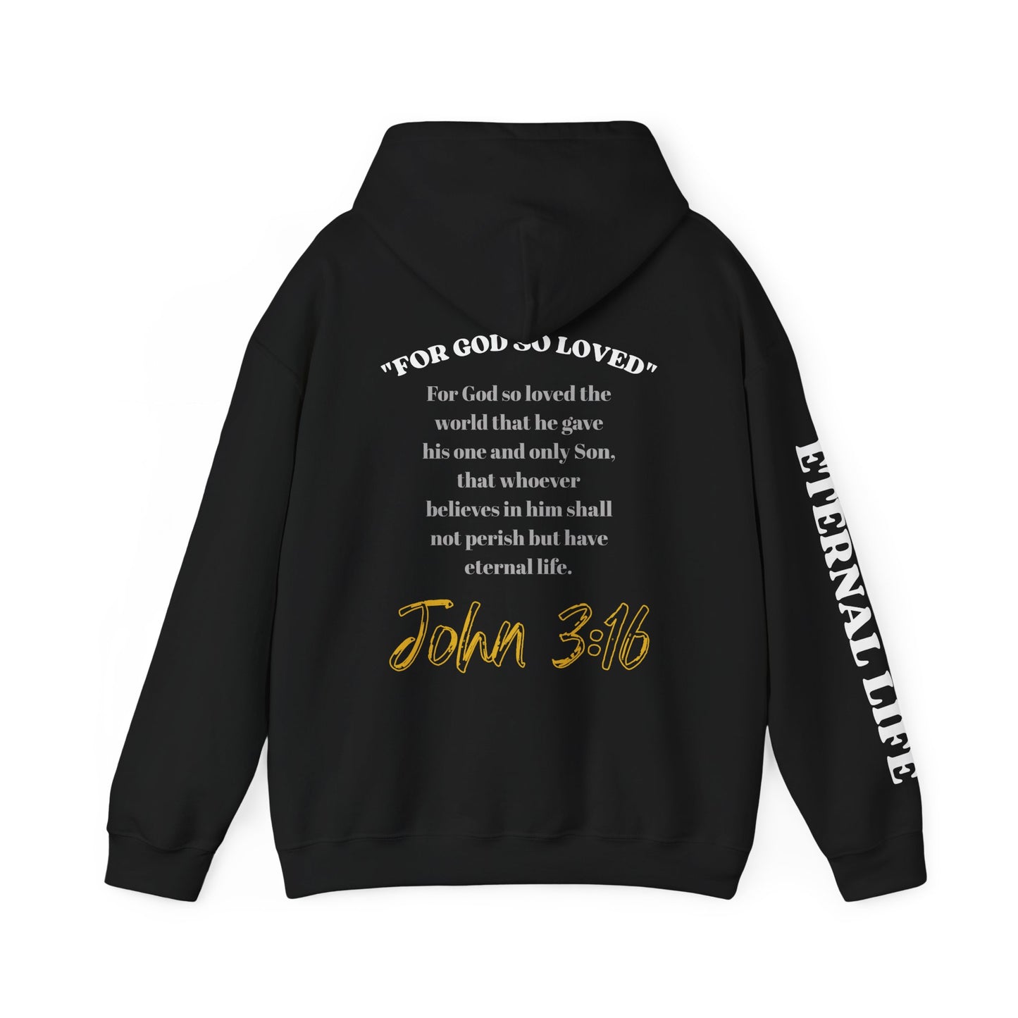 For God So Loved hoodie featuring Bible verse John 3:16 in stylish black with gold accents