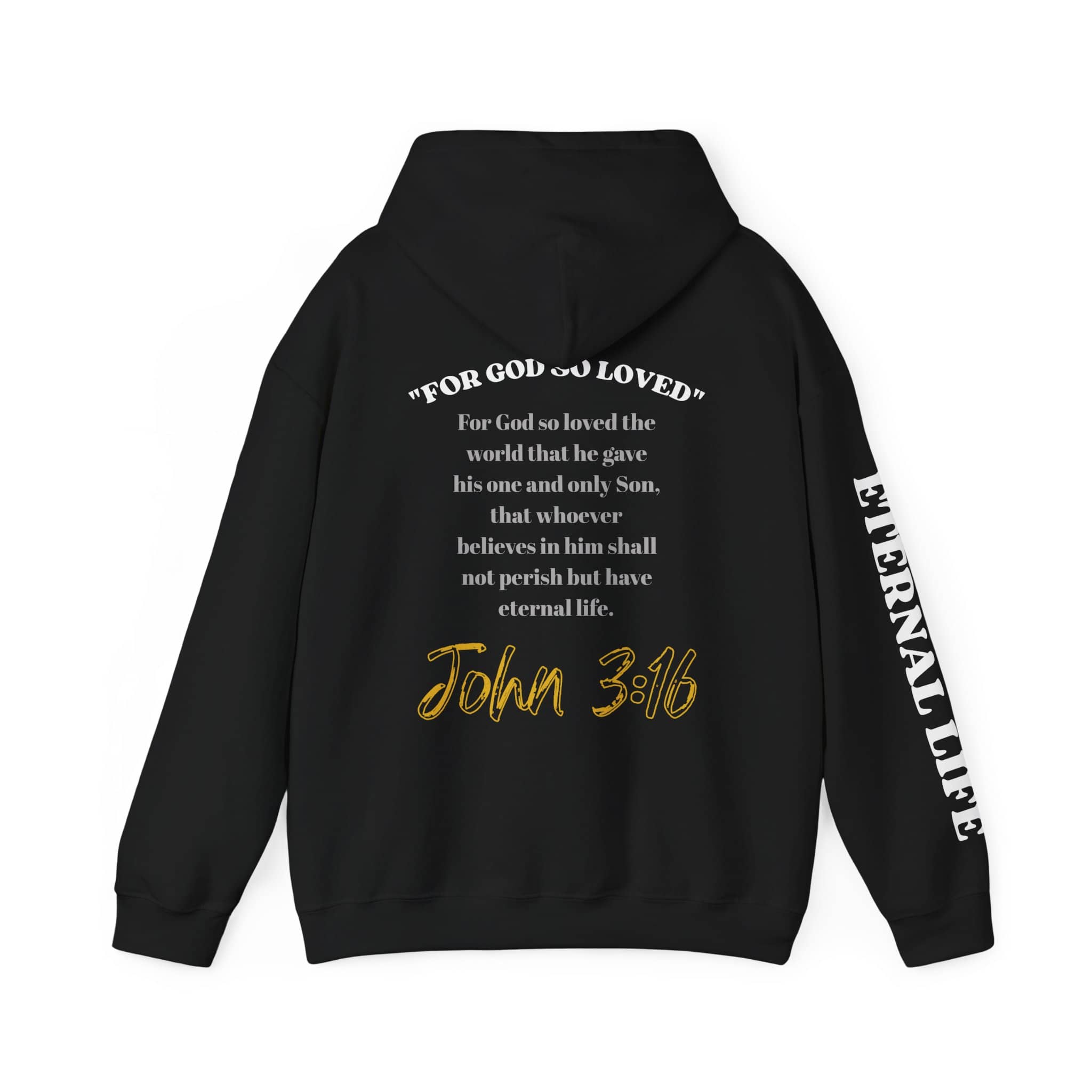 For God So Loved hoodie featuring Bible verse John 3:16 in stylish black with gold accents