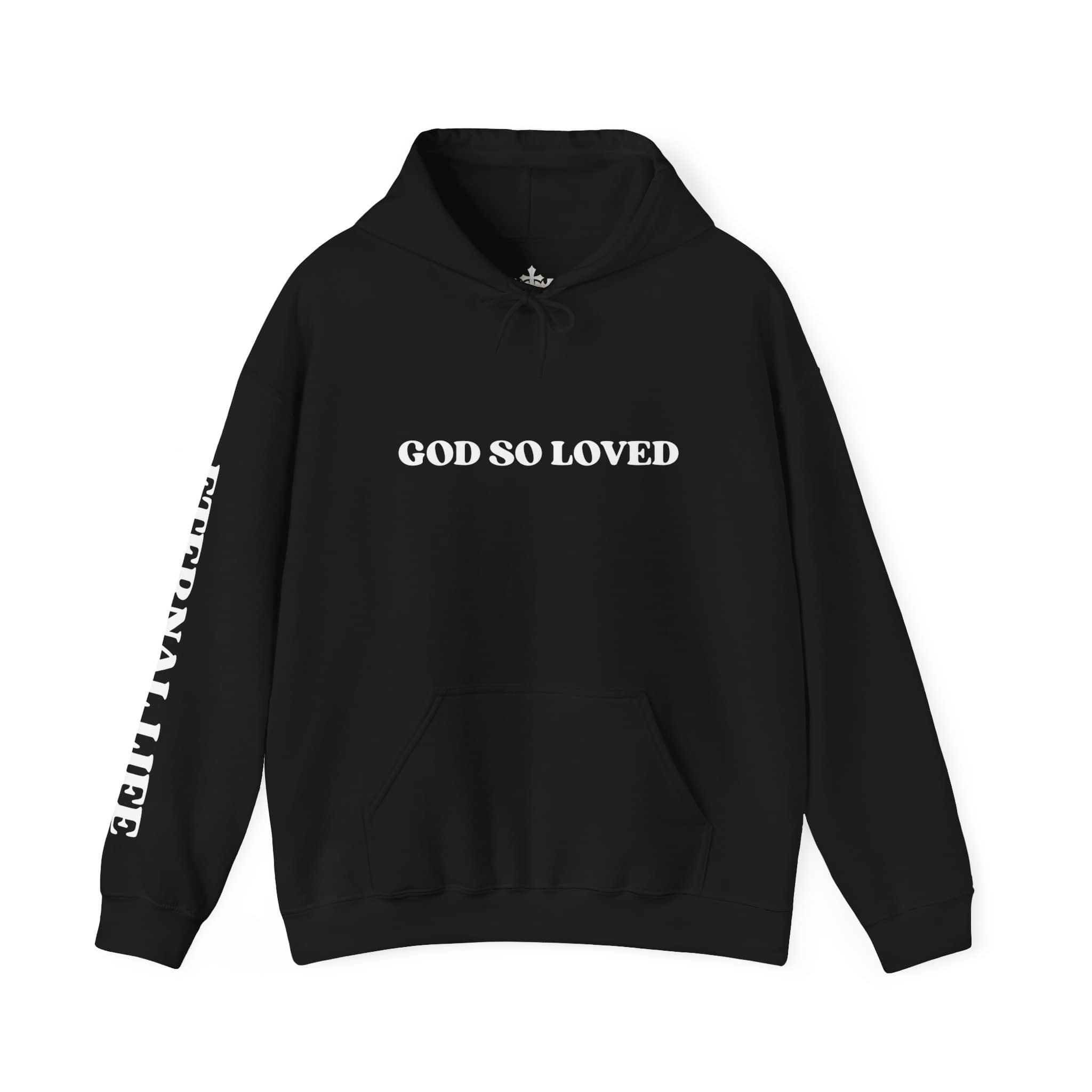 Black For God So Loved hoodie with bold text and side print promoting eternal life
