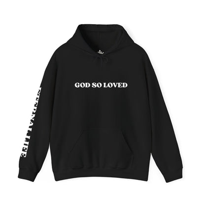 Black For God So Loved hoodie with bold text and side print promoting eternal life