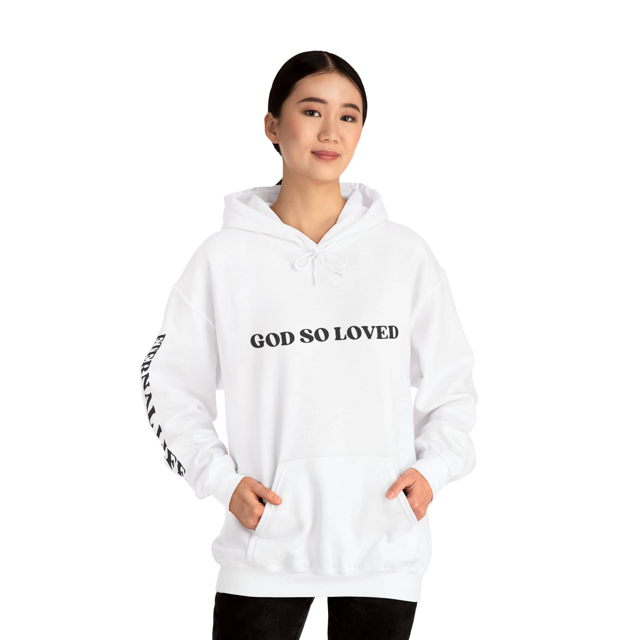 White For God So Loved hoodie with kangaroo pocket and bold text design for casual wear