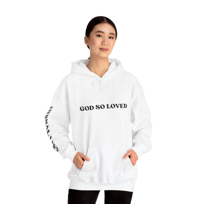 White For God So Loved hoodie with kangaroo pocket and bold text design for casual wear