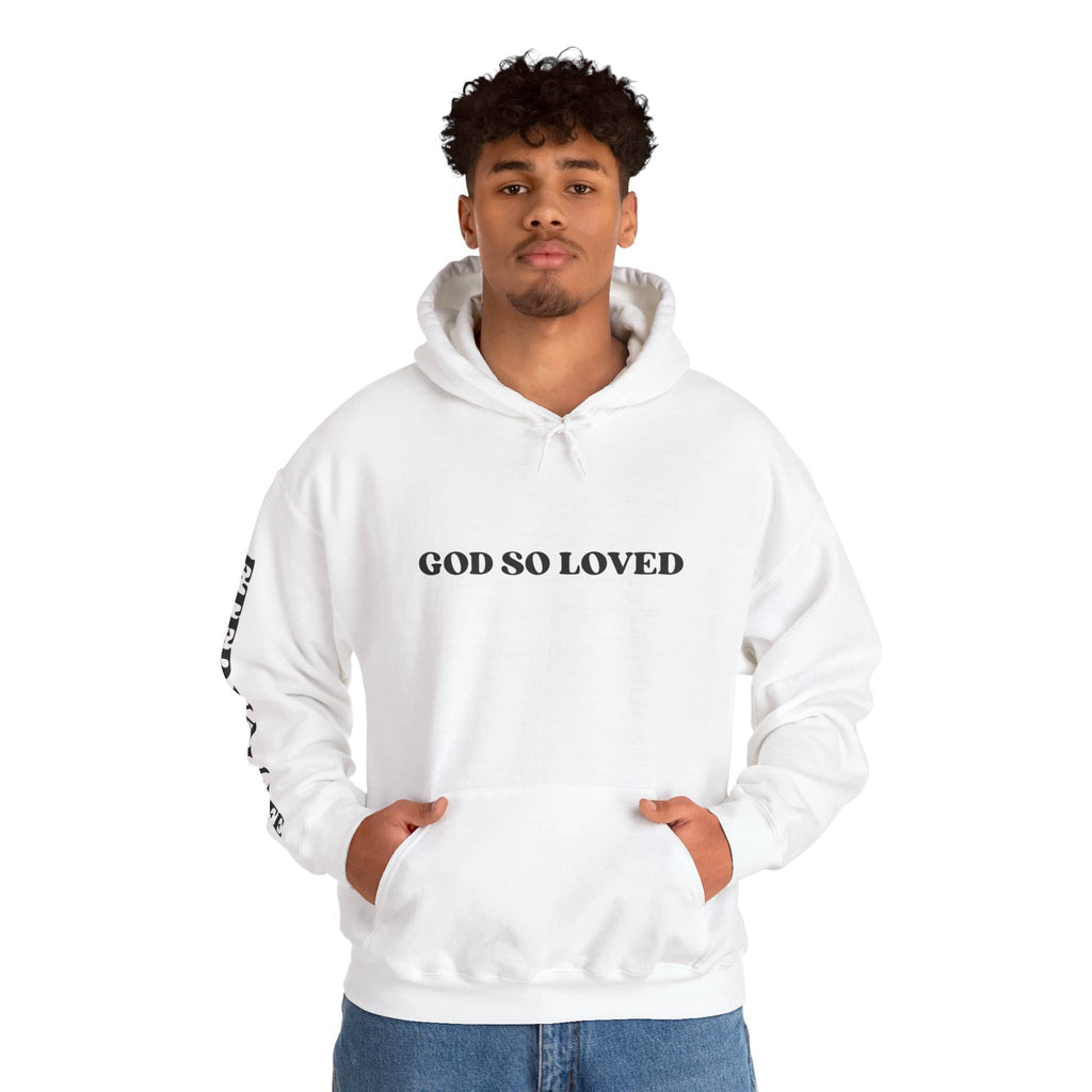 For God So Loved hoodie in white with bold text on the front and cozy design