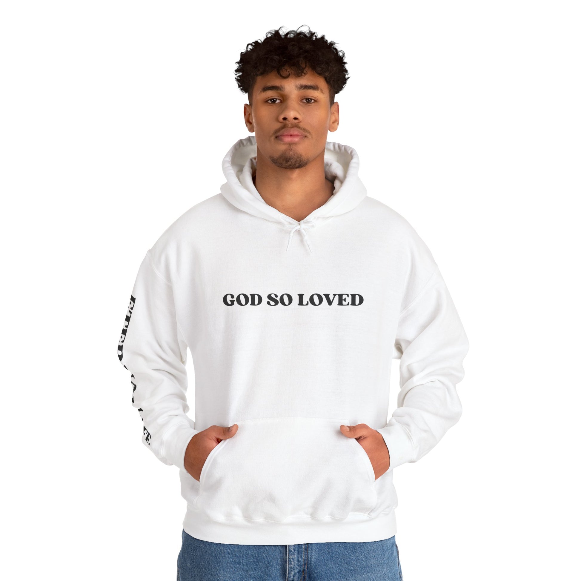 For God So Loved hoodie in white with bold text on the front and cozy design