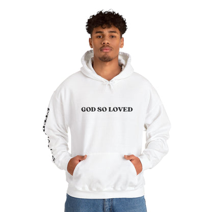 For God So Loved hoodie in white with bold text on the front and cozy design