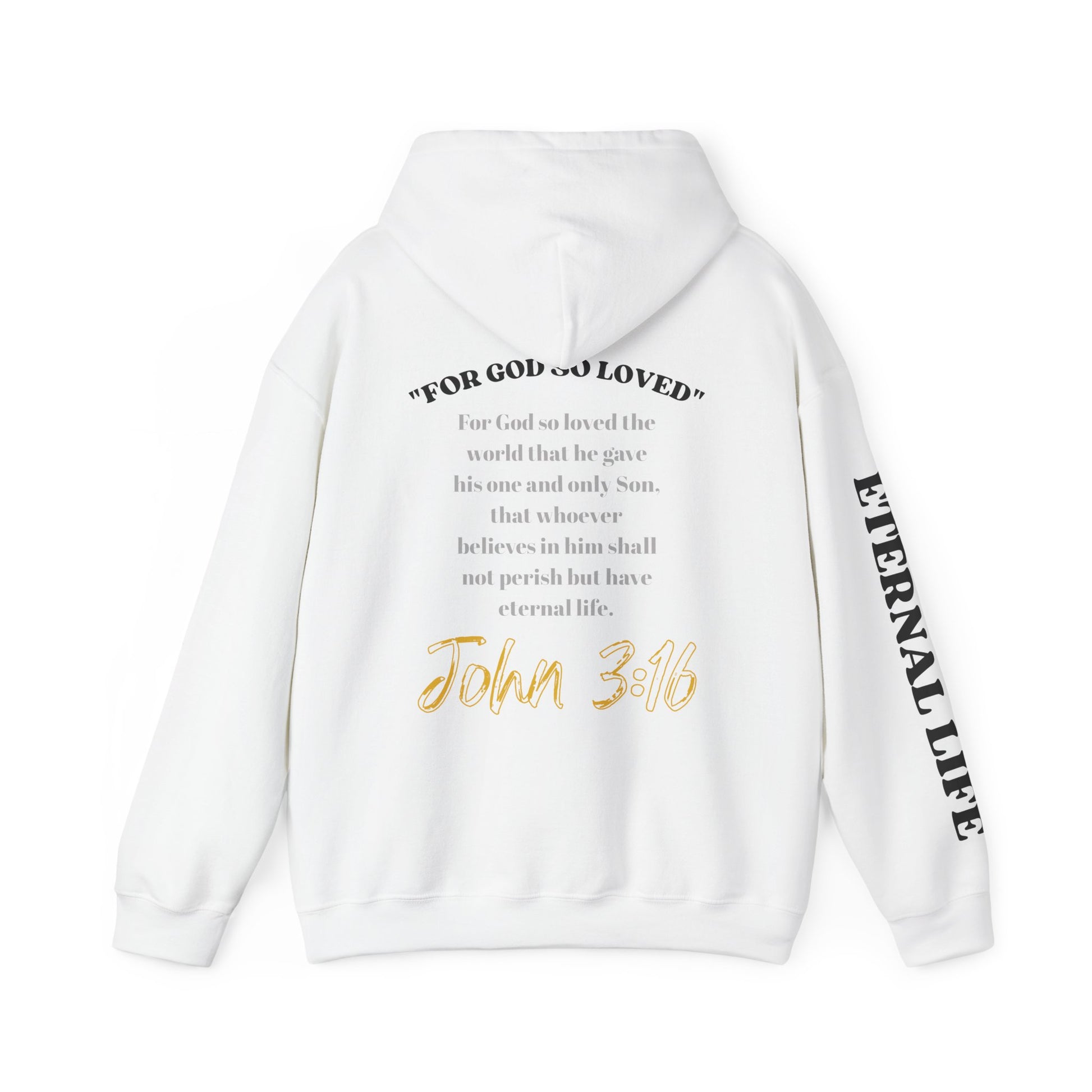 White For God So Loved hoodie featuring John 3:16 text on the back and stylish design for everyday wear