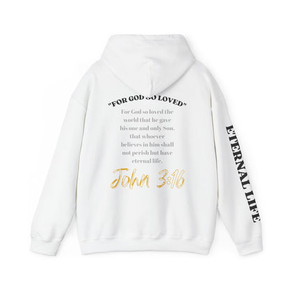 White For God So Loved hoodie featuring John 3:16 text on the back and stylish design for everyday wear