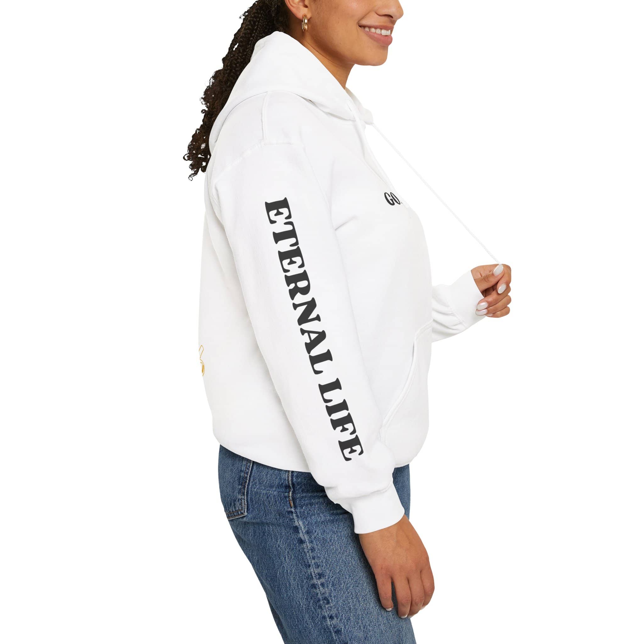 White For God So Loved hoodie featuring Eternal Life text on the sleeve for a stylish look