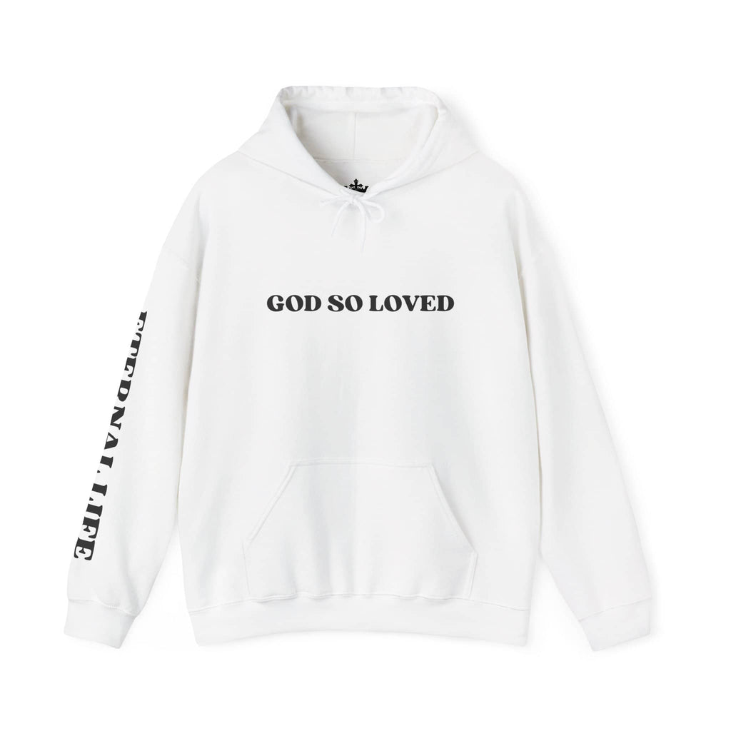 For God So Loved hoodie in white featuring graphic text on front and sleeve