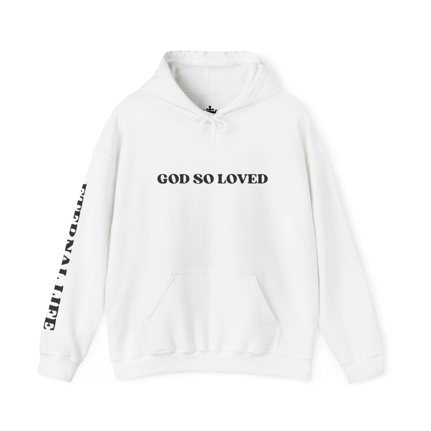 For God So Loved hoodie in white featuring graphic text on front and sleeve