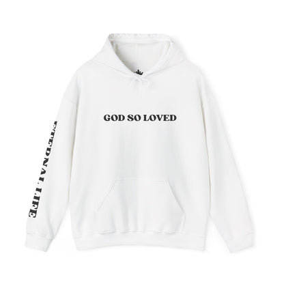 For God So Loved hoodie in white featuring graphic text on front and sleeve