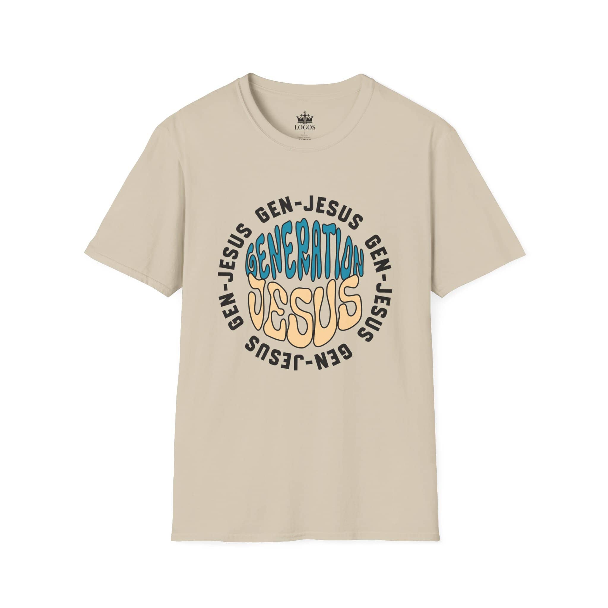 Gen-Jesus Retro 'Generation Jesus' T-Shirt T-Shirt with 'Generation Jesus' phrase in blue and yellow on a beige color, front view