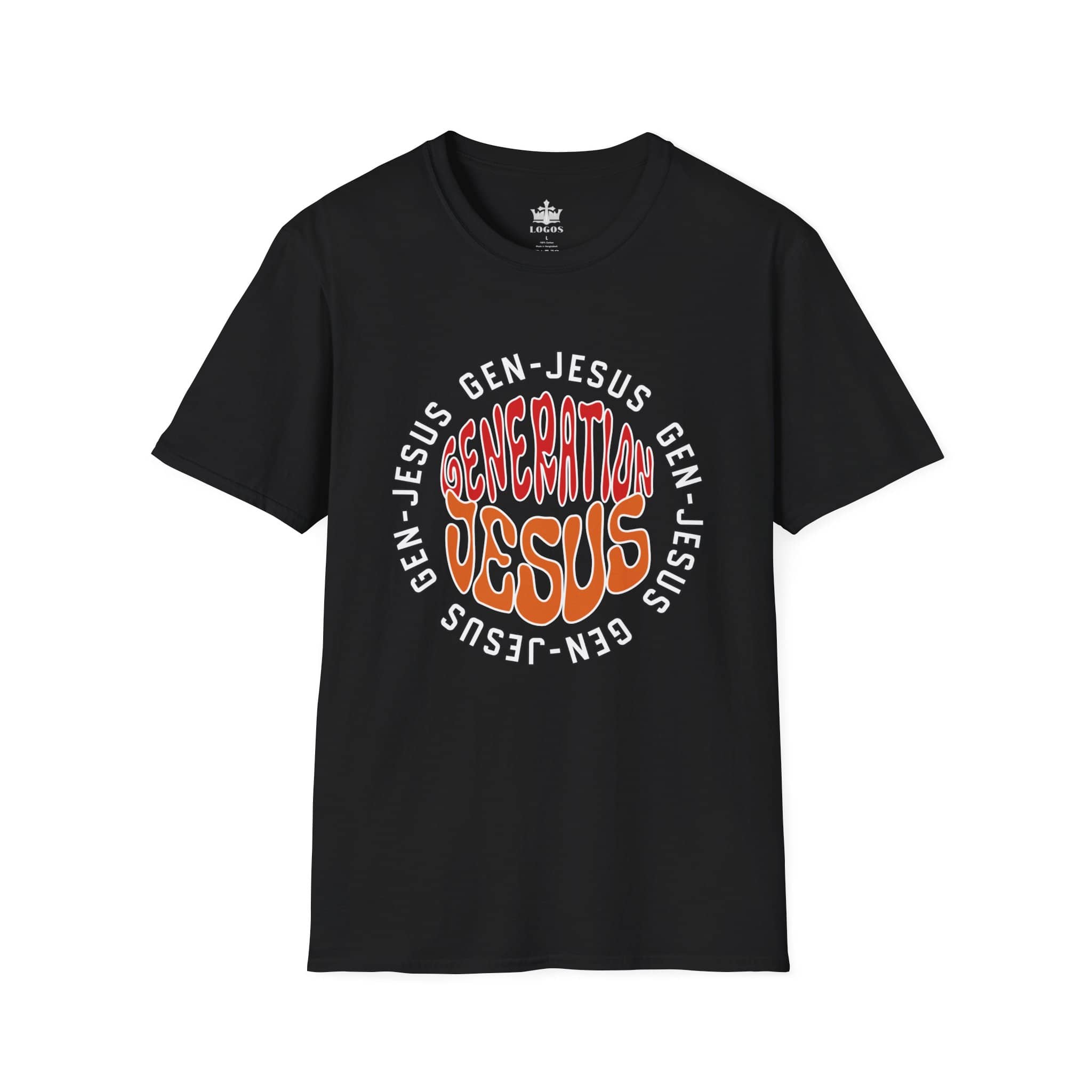 Front view of Gen-Jesus Retro 'Generation Jesus' T-Shirt in black with colorful text design