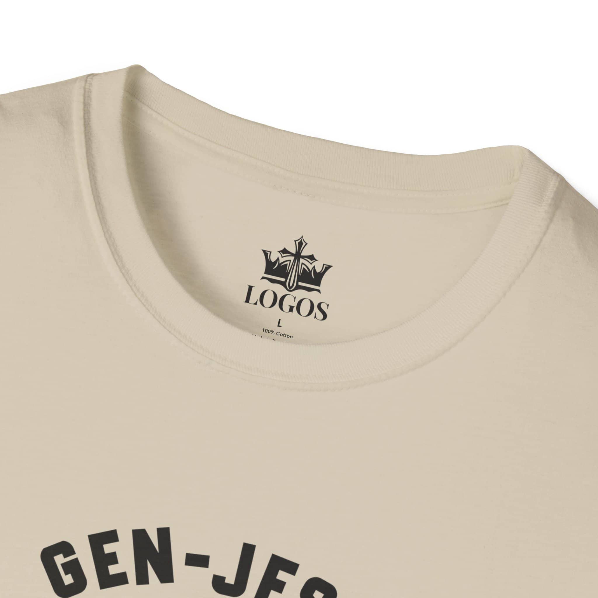 Front view of Gen-Jesus Retro 'Generation Jesus' T-Shirt in cream color with bold black lettering