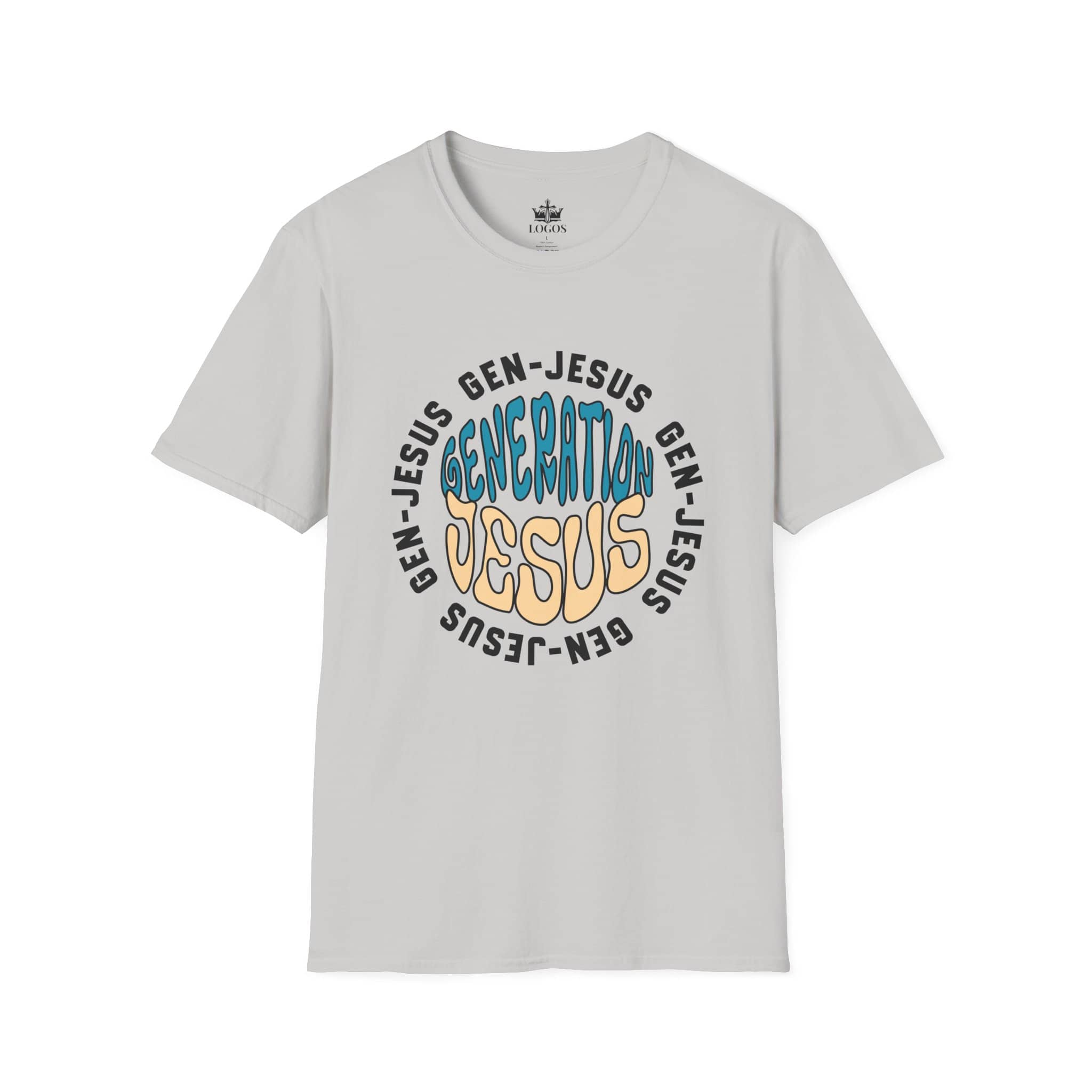 T-Shirt with 'Generation Jesus' graphic in blue and tan colors, front view, soft cotton material